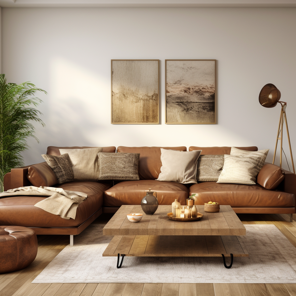 cream cushion covers on a brown leather sofa
