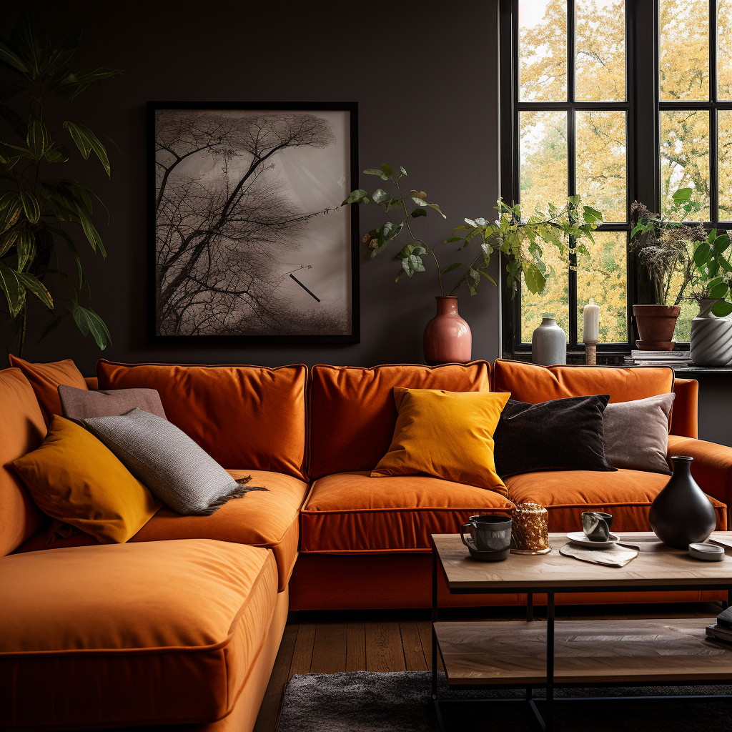 mustard cushions on an orange sofa