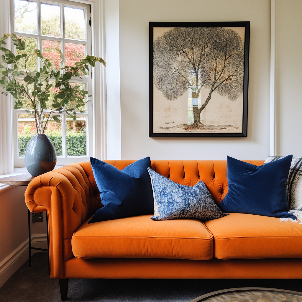 navy blue cushions on an orange sofa