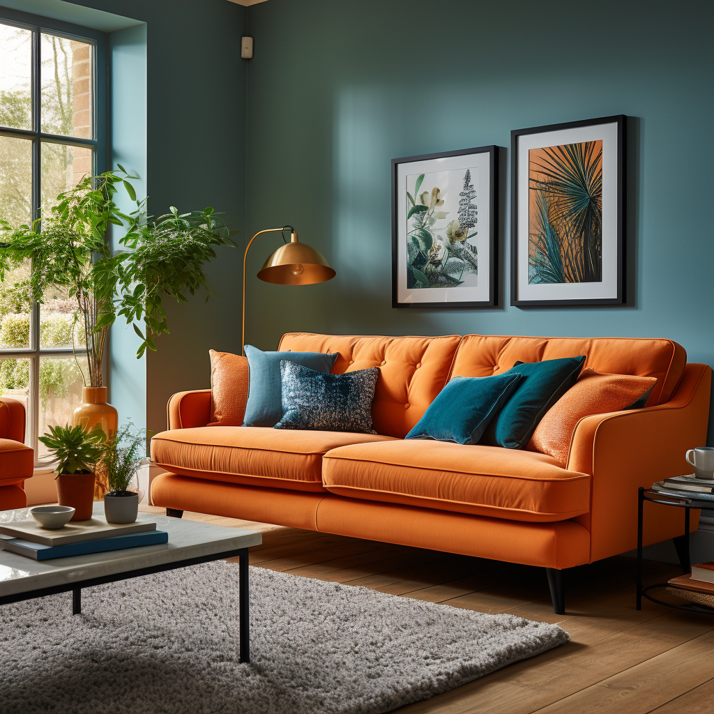 blue cushions on an orange sofa