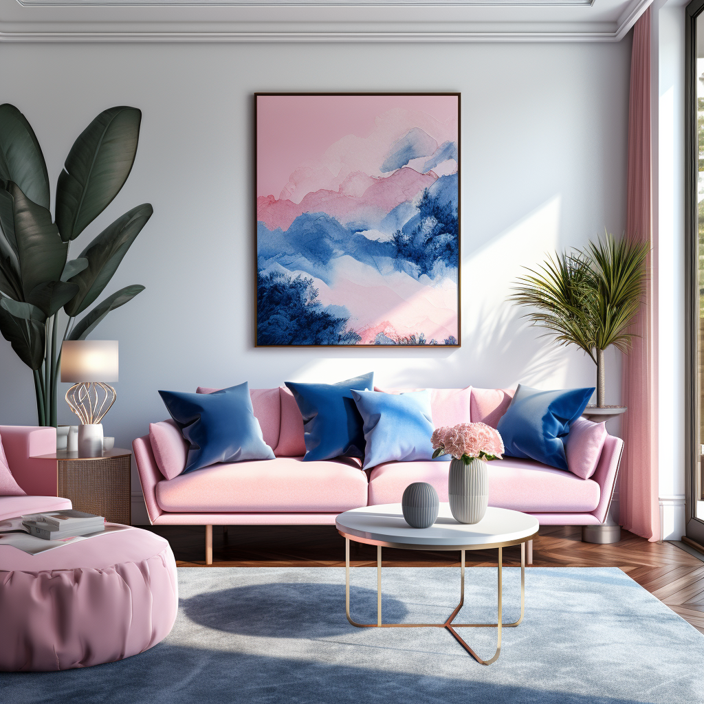 blue hues cushions on a pink sofa