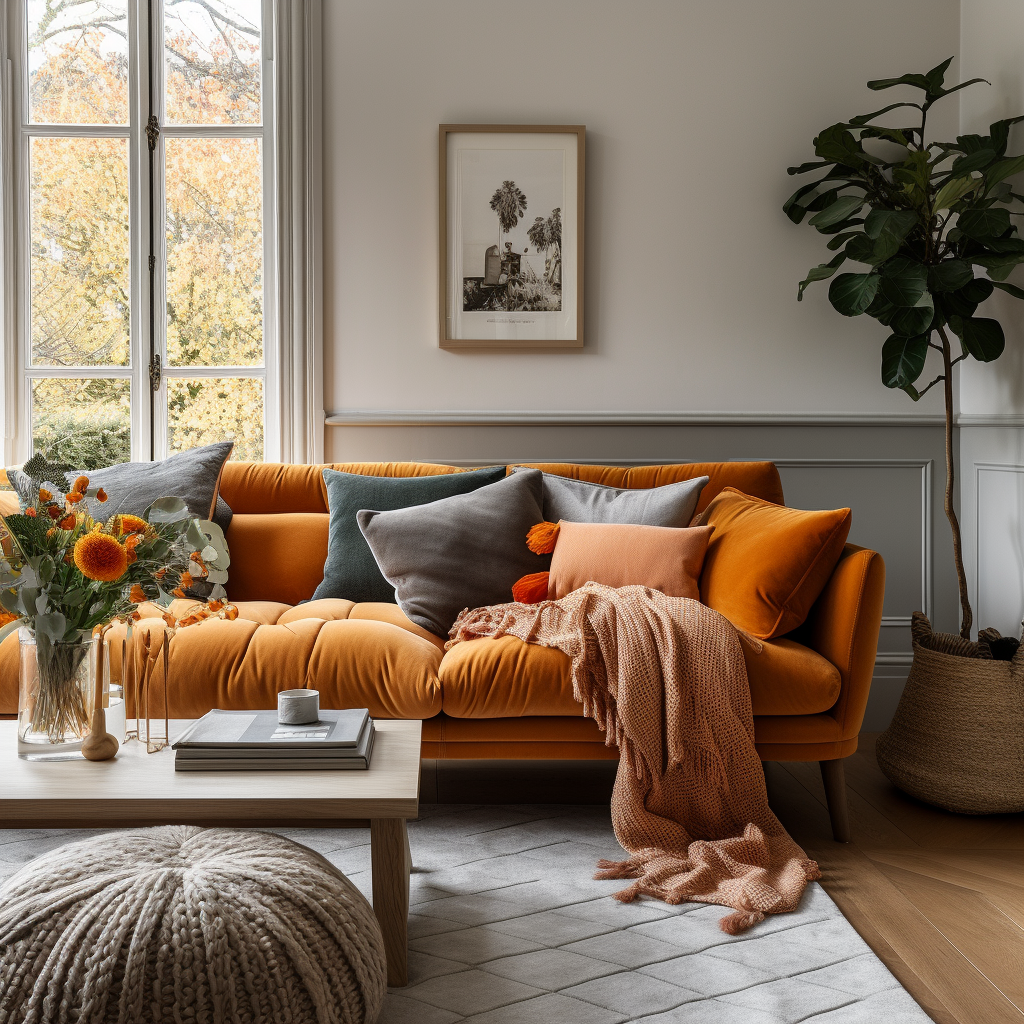 grey cushions on an orange sofa