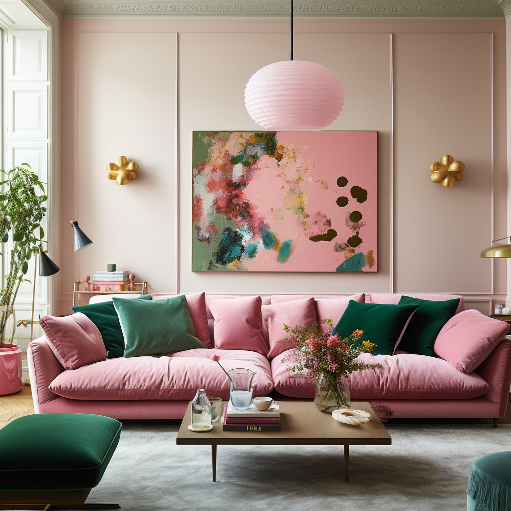 green cushions on a pink sofa