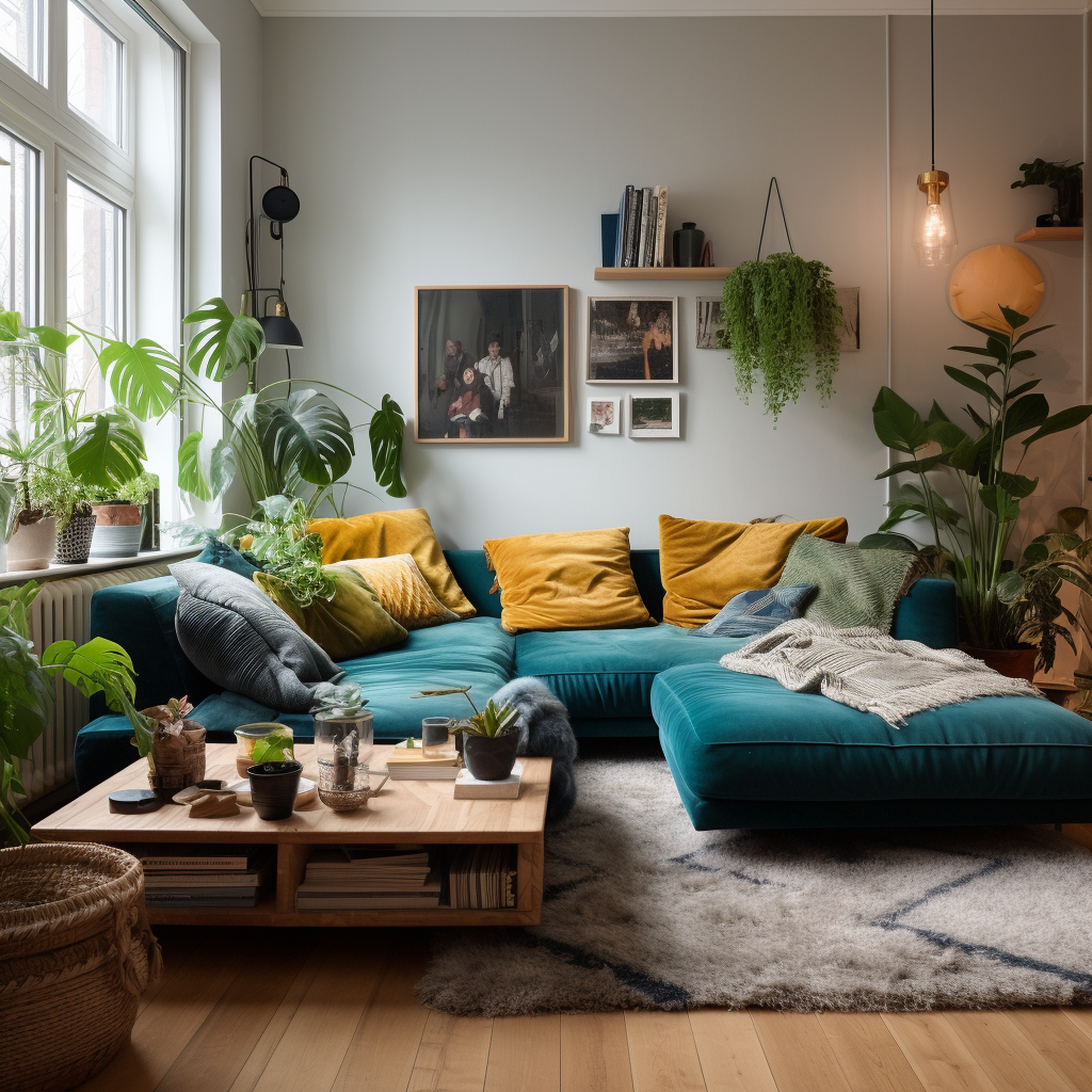 orange and yellow cushions on a blue sofa