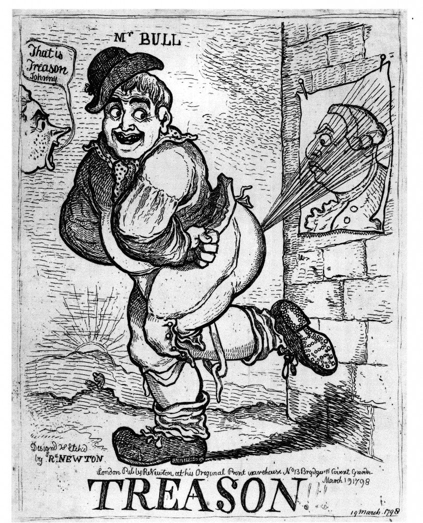 A somewhat shocking image from 1798 - John Bull paying his disrespects to King George lll.