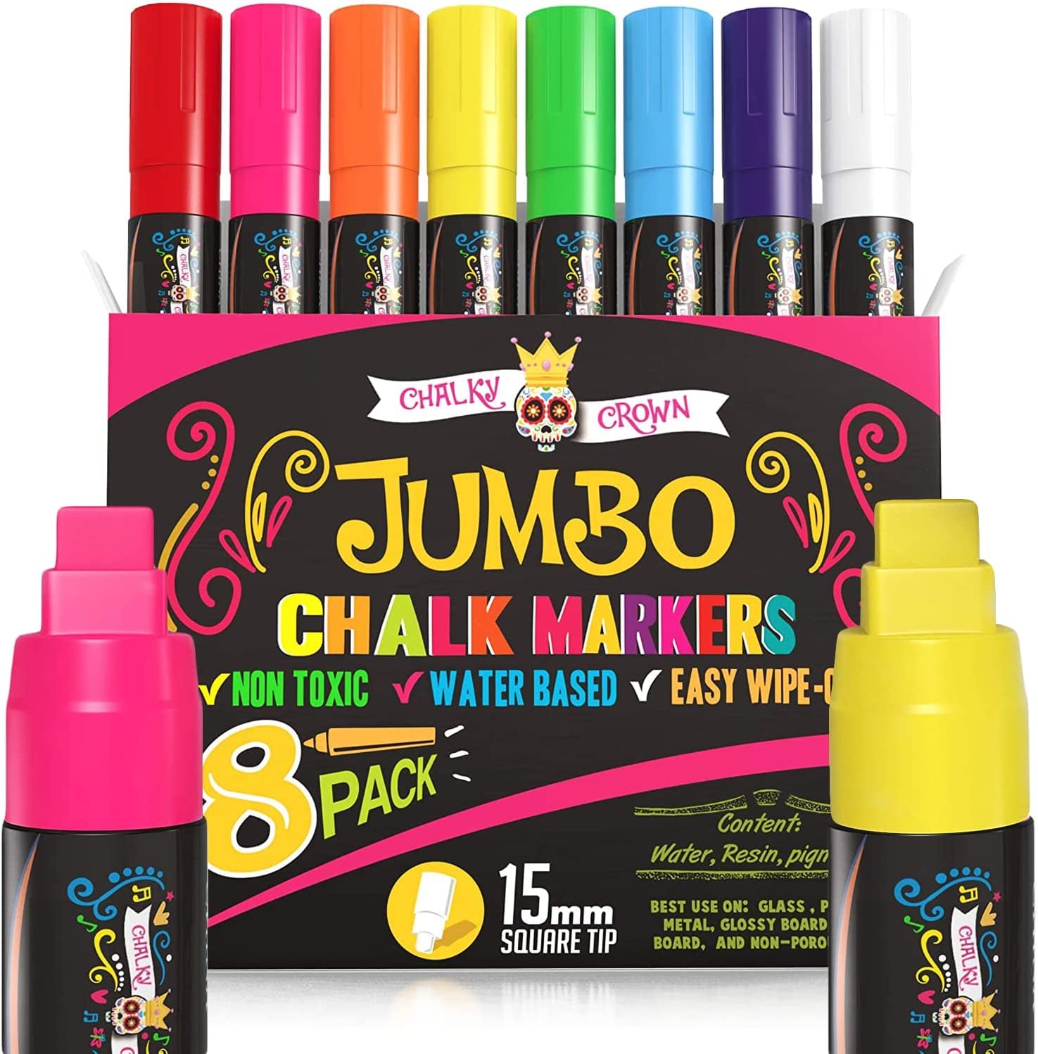 Chalky Crown Metallic Liquid Chalk Markers - Dry Erase Marker Pens - Chalk  Markers for Chalkboards, Signs, Windows - Reversible Tip (8 Pack) - 24  Labels Included 