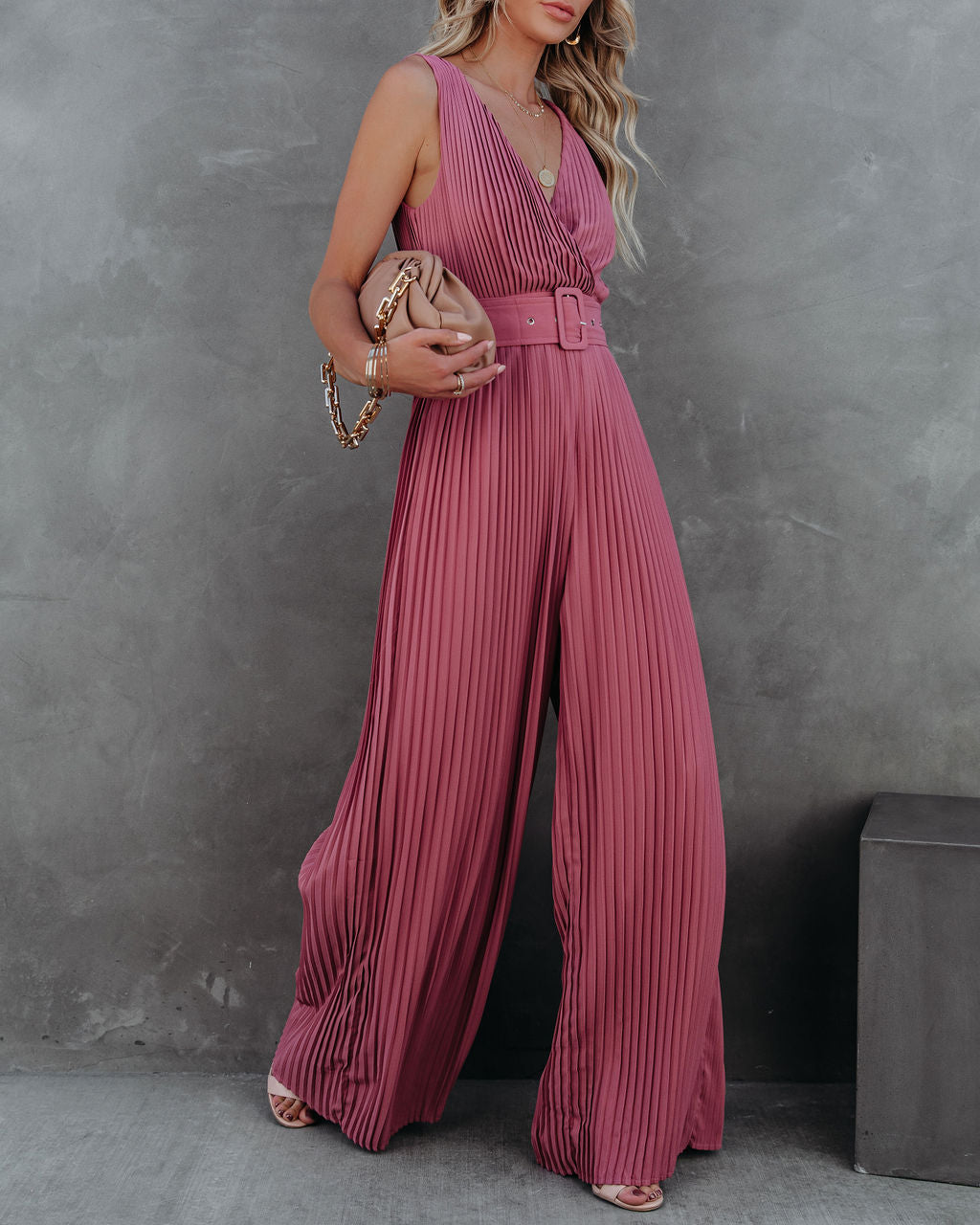 High Tea Pleated Wide Leg Belted Jumpsuit - Dark Rose