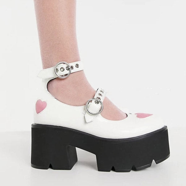 Patent Pink Heart Double Buckle Platform Mary Jane Shoes