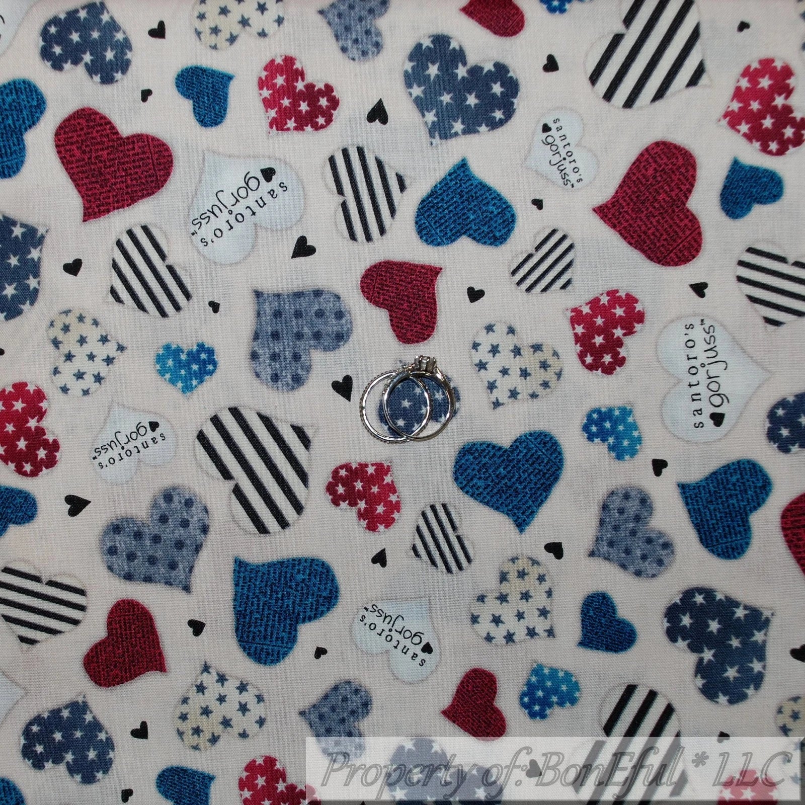 Cotton Fabric BTY Cream Red White Blue Americana Heart Patriot USA Love