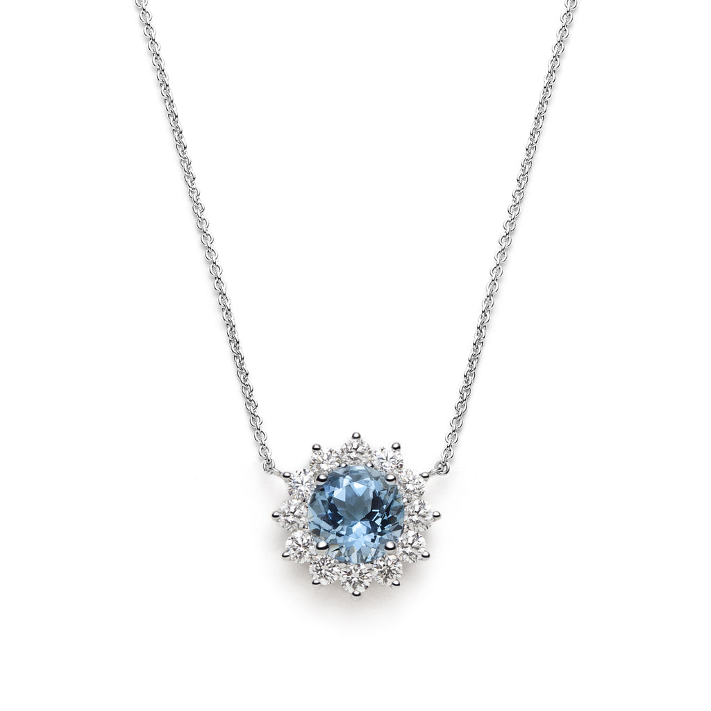Round Aquamarine Diamond Floral Halo Necklace