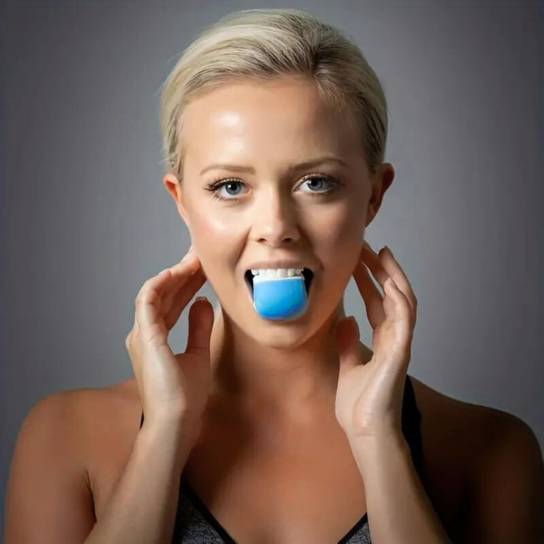 Woman with a blue exercise device in her mouth, intended for jaw exercise.