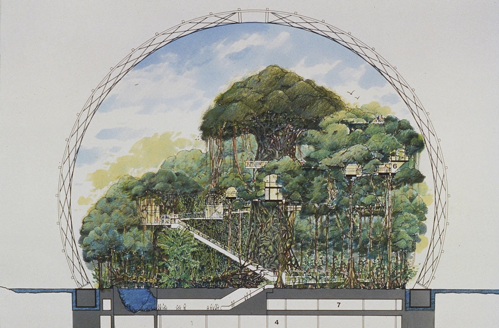 Cambridge Seven Associates (American, est. 1962). Tsuruhama Rain Forest Pavilion, Osaka, Japan. Project. 1993–95. Section drawing showing the underground levels and the paths at the forest level. 1994–95. Marker and Prismacolor pencil on black-line diazo print, 20 × 30″ (50.8 × 76.2 cm). Collection Cambridge Seven Associates