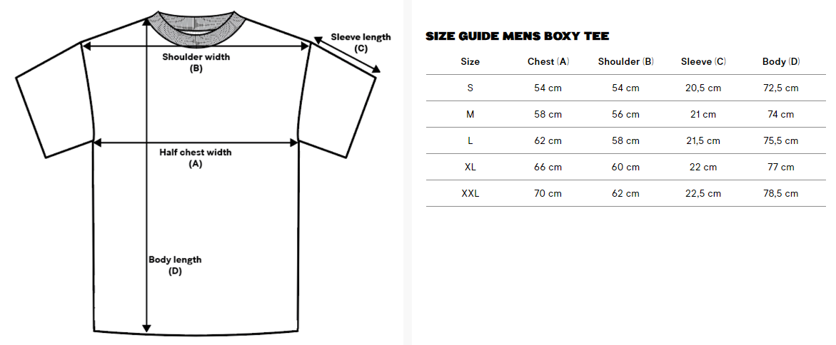 o' Jimu Ray Premium Cotton Men's Boxy T-Shirt Size Chart