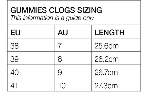 size chart gummies gardening clogs