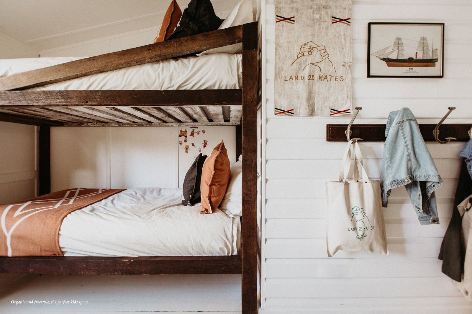 Kids bedroom styling. Bunks and coat hooks. Claire Tregoning at home