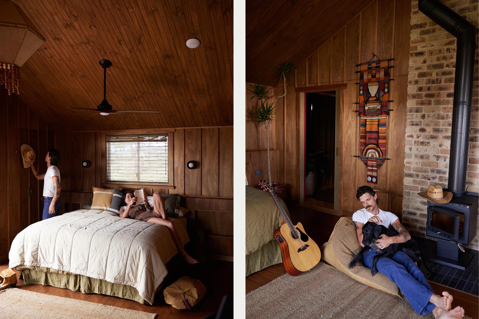 Two images first is woman in twenties reading on bed. Bedroom has dark timber clad walls. Second image is male in his 20's on tan beanbag hugging large black dog. Guitar and fireplace in background