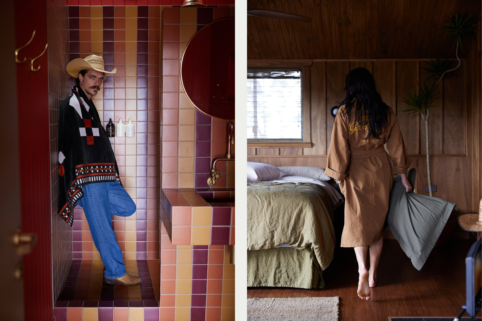 20 something male leaning against orange tiled bathroom wall with cowboy had on, jeans, cowboy boots and a dark patterned towel around his shoulders