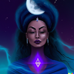 the dianic witch with crystals by moonlight