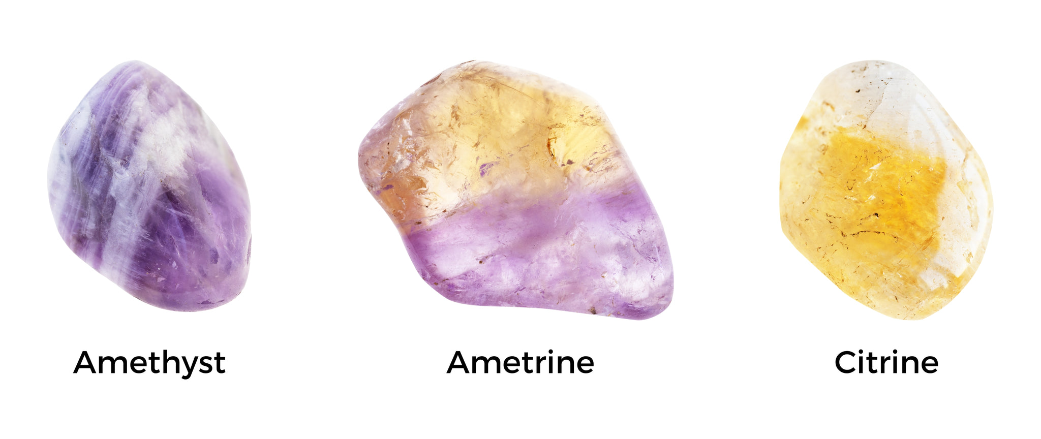 From left to right, imaged is Amethyst Tumbled Stone, Ametrine Tumbled Stone, and Citrine Tumbled Stone. This shows the gradual colour change from Purple (amethyst) to orange (citrine).