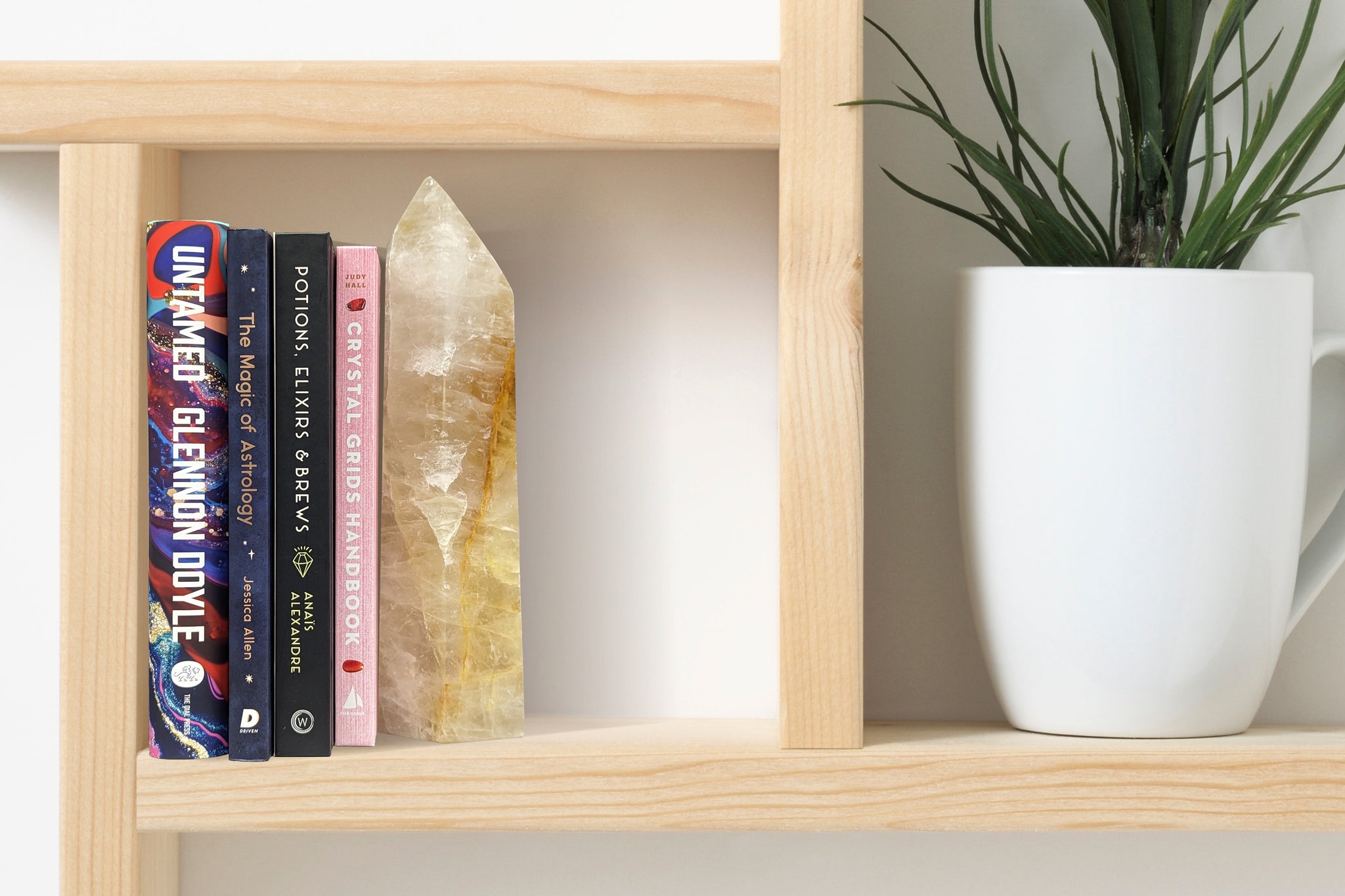 4 books held up by a Crystal Generator as a bookend on a wall-mounted bookshelf