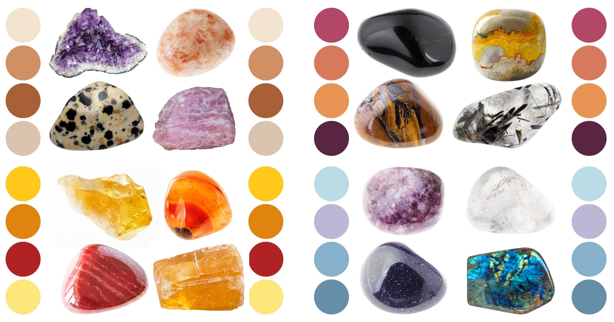 Swatches of colour tones, and images of crystals that go well with them