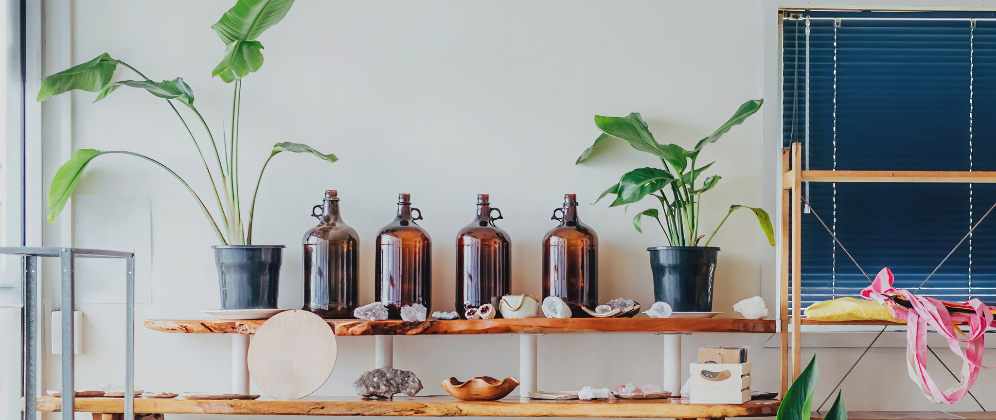 Crystals placed on a decorated shelf