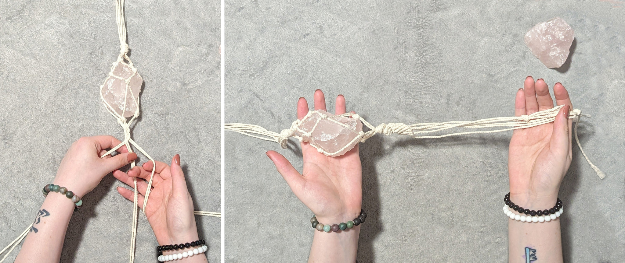 Showing the finishing steps as both a braid and a string of knots that create a twisting pattern