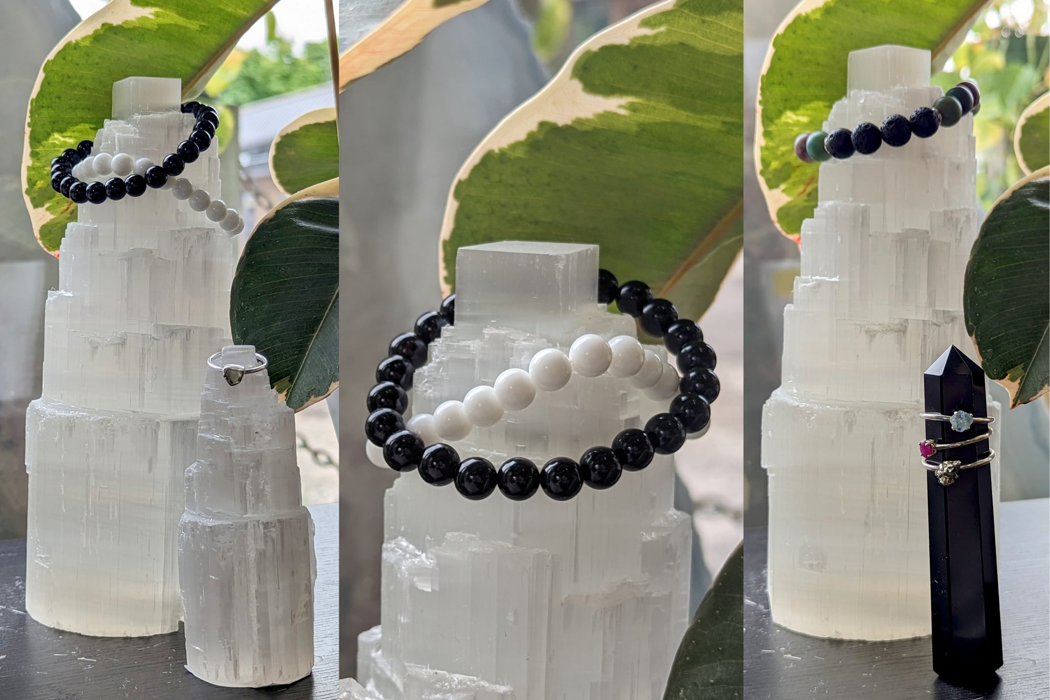 Crystal Bracelets and Ring set on Selenite towers