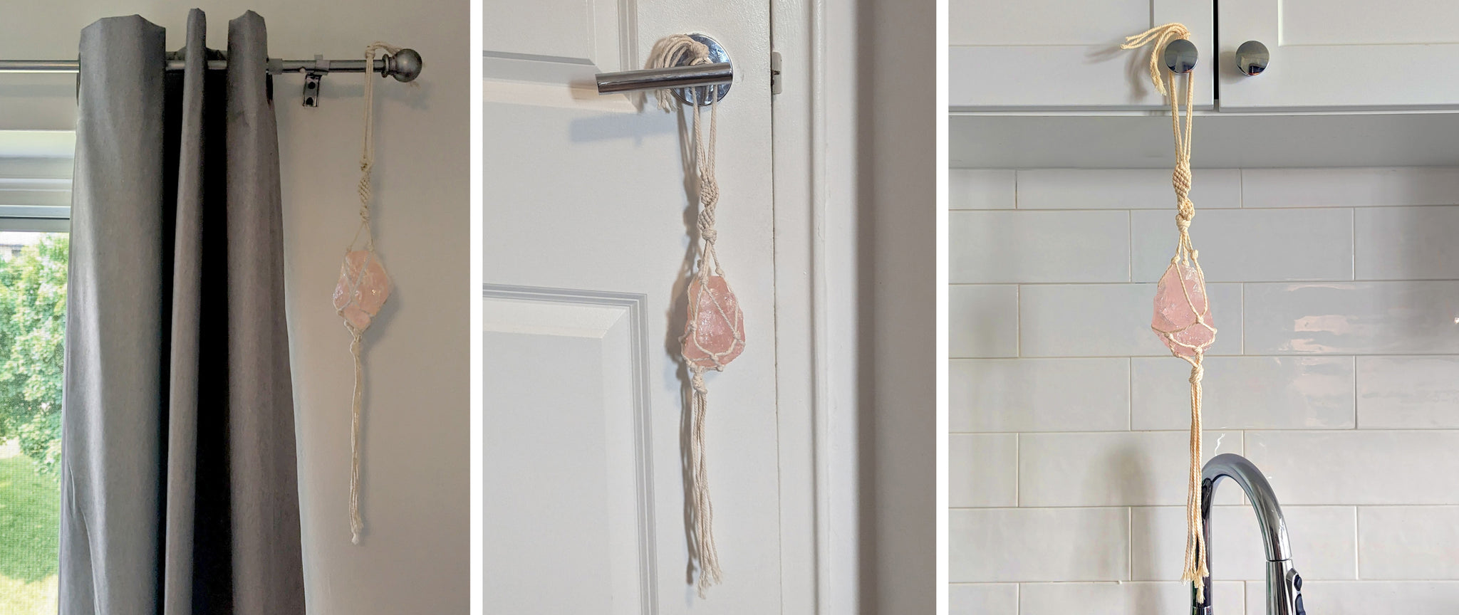 Showing options of where to hang the Macrame Crystal Holder. Pictured is on a curtain rod, doorknob, or above the kitchen sink