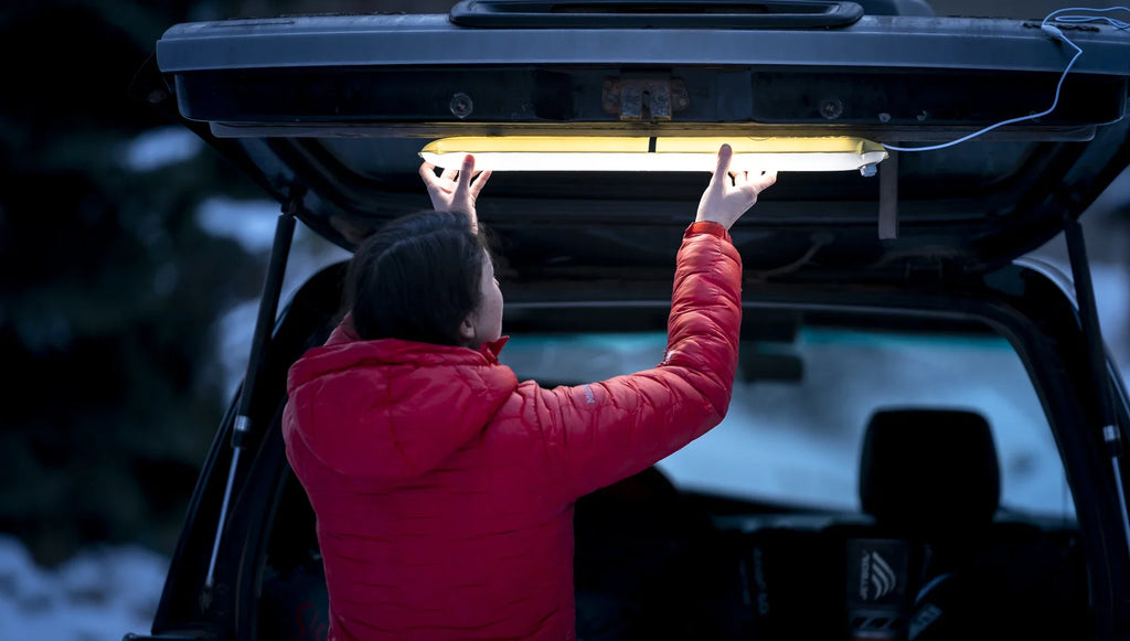woman putting light in car