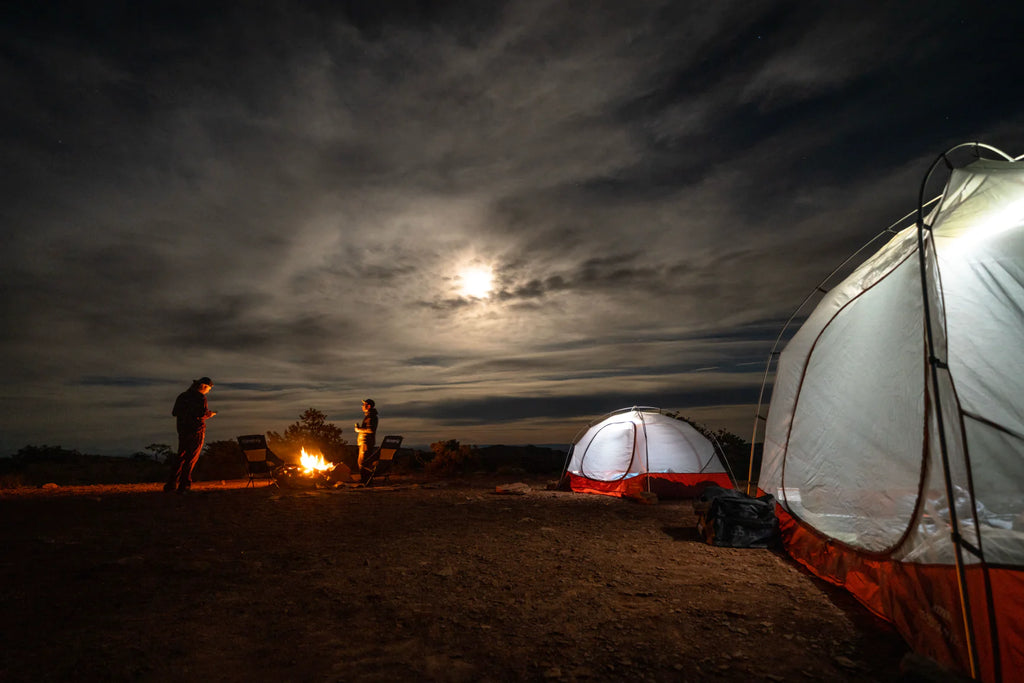glowing tents set up at night