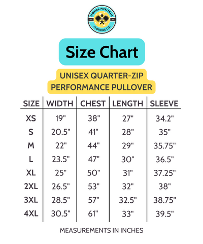 Size Chart for Unisex Quarter-Zip Performance Pullover