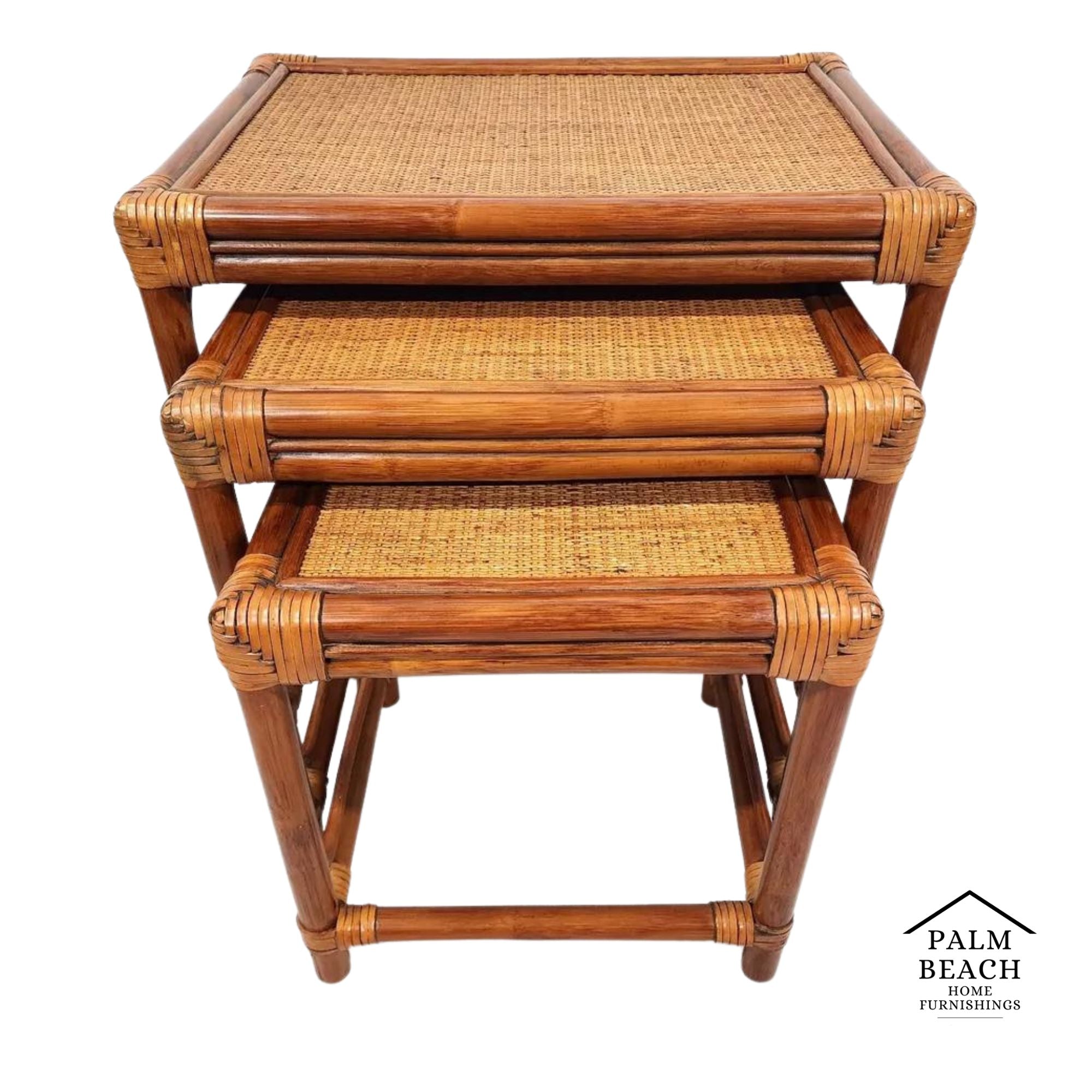 Set of 3 Rattan Wicker Bamboo Nesting Tables