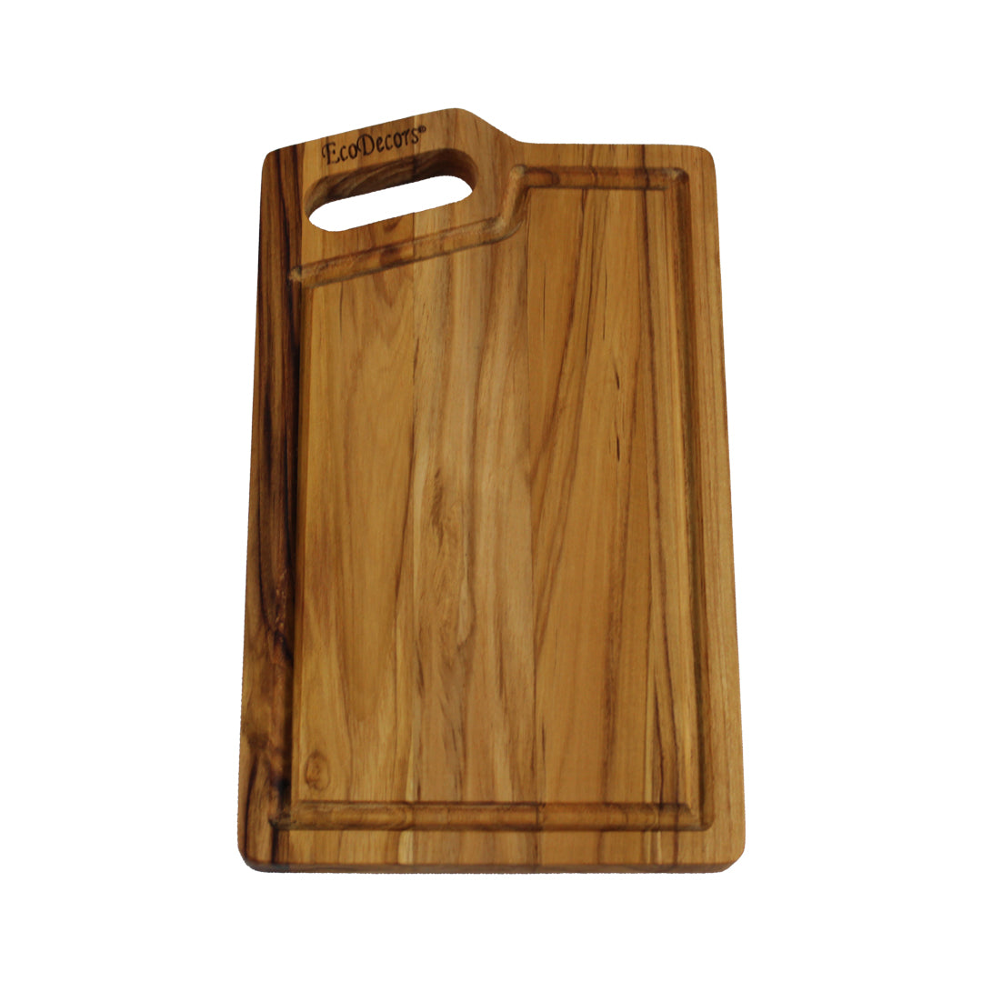 EcoDecors 10x6 Teak Edge Grain Cutting Board with Juice Groove & Handle
