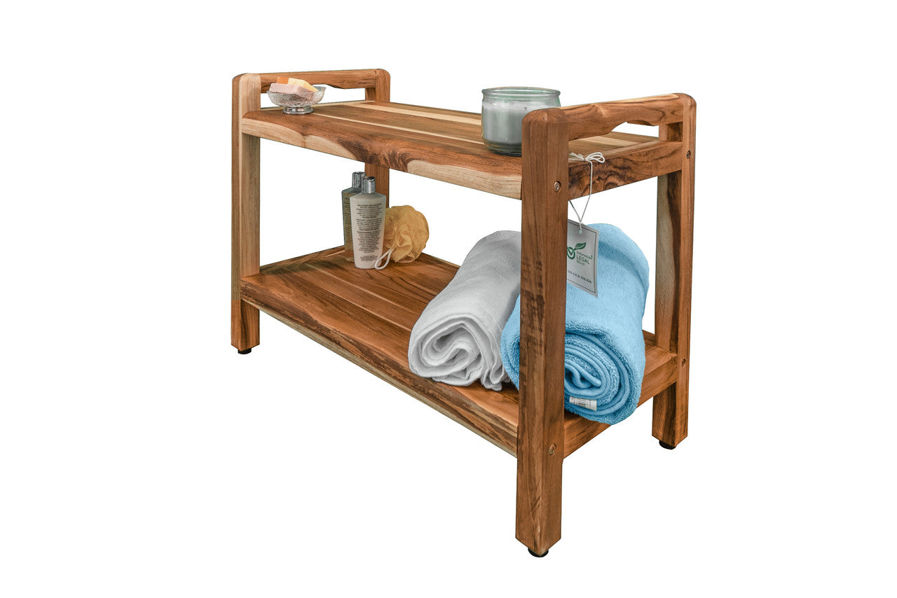 EcoDecors EarthyTeak Harmony™ 29 inch Eastern Style Teak Shower Bench with  Shelf and Arms