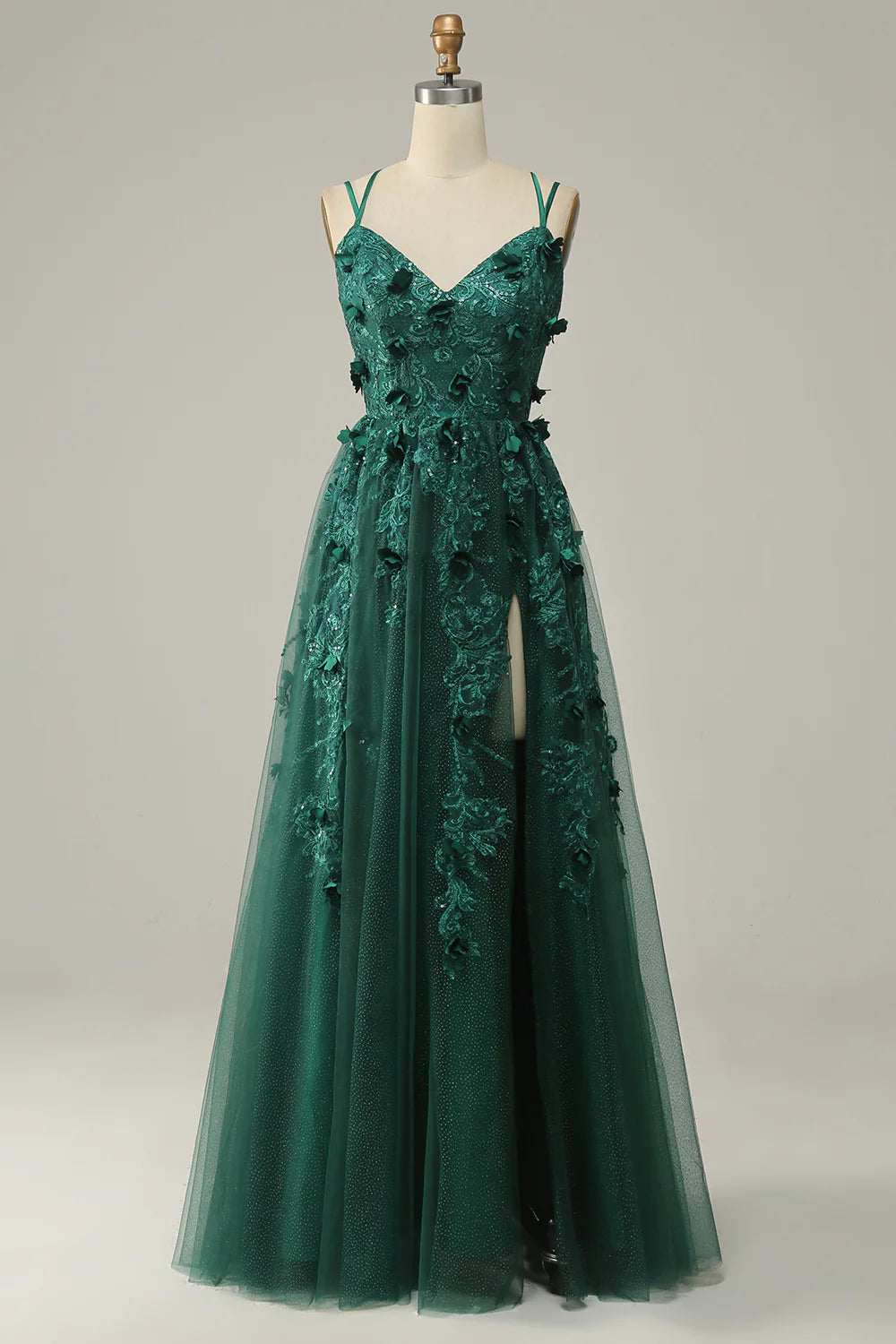AerbaDress Dark Green A Line Tulle Prom Dress with Slit