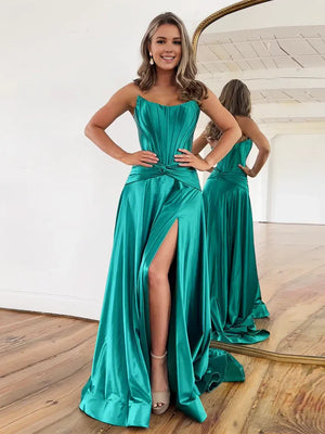 Amzcw Simple A-Line Satin Green Long Prom Dress Green Long Formal Dress prom dresses shops - Amzcw Dress