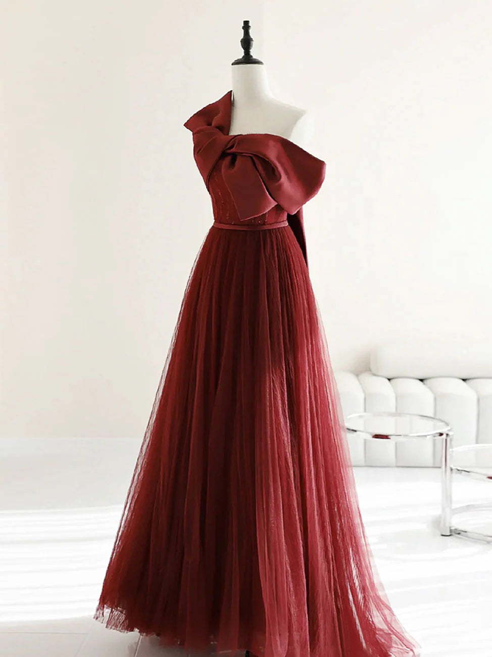 Amzcw A-Line Tulle Burgundy Long Prom Dresses Burgundy Formal Evening Dresses prom dress in store