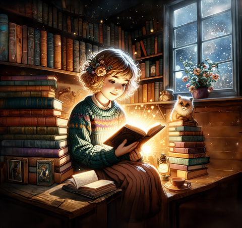A little girl sitting, reading a book. The light from the pages is reflected on her face. There are piles of books, and a cat perching on top of one pile.