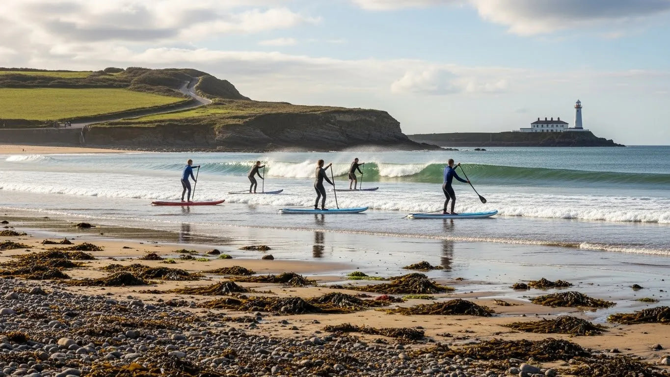 Group of SUPs waiting for waves at Porthcawl's Rest Bay.