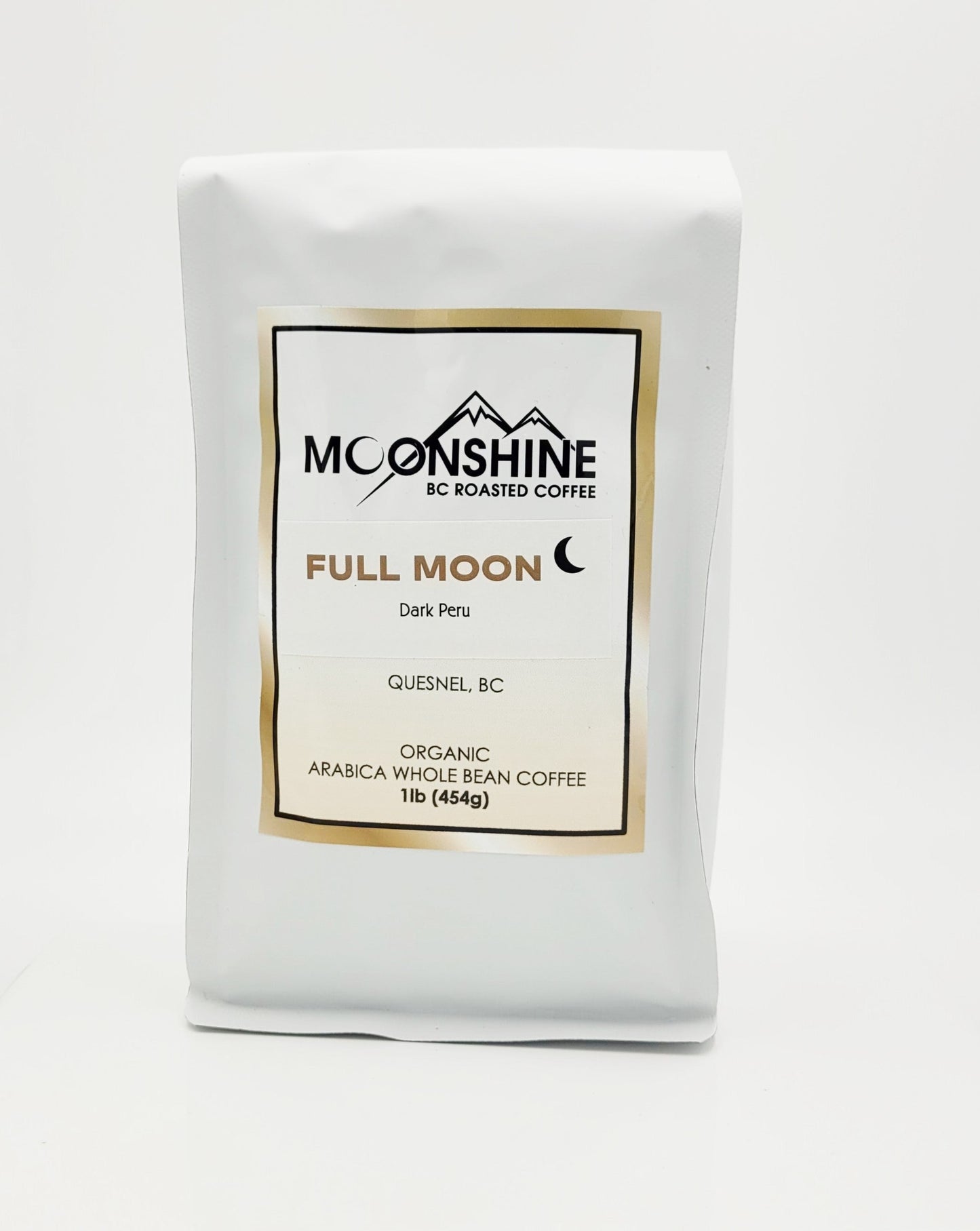 Full Moon is a single origin dark roasted 100% arabica bean from Peru  Moonshine Coffee is a small, artisan, micro-roaster that roasts only organic, fair trade, and direct trade coffee from around the globe.  The roasting is done by hand and in small batches, creating a cup of coffee so good that it should be illegal!   Available Sizes:   1 pound (454g) 1/2 pound (226g)