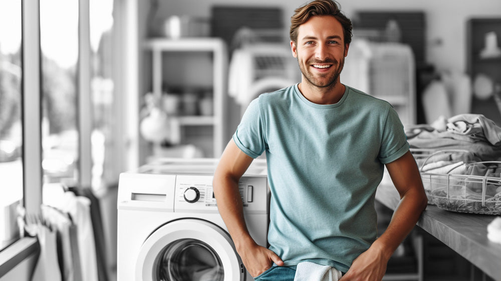 Mann, Mitte 30, mit grünem T-Shirt steht vor einer Waschmaschine und laechelt.