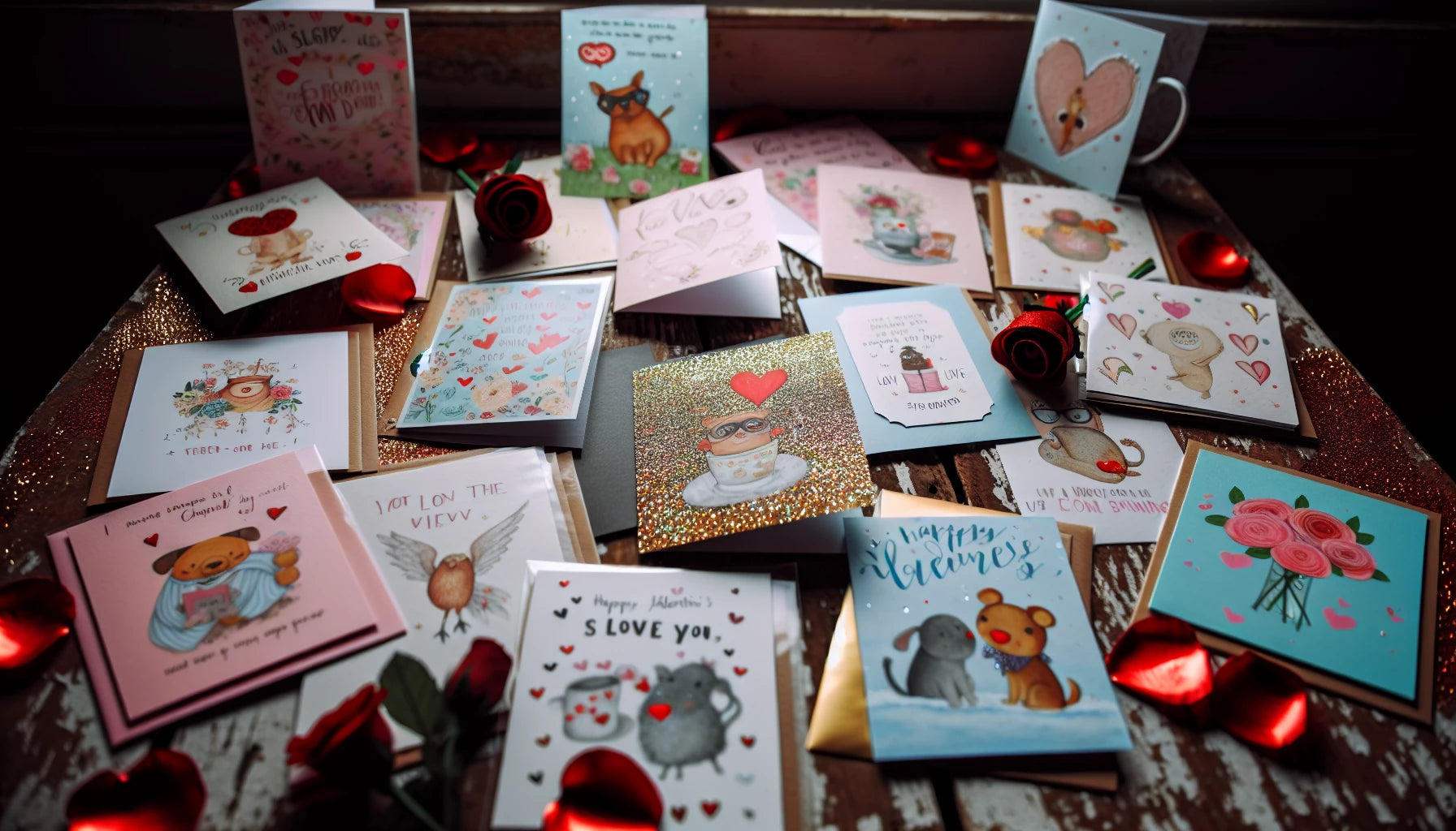 A variety of Valentine's Day cards spread out on a table