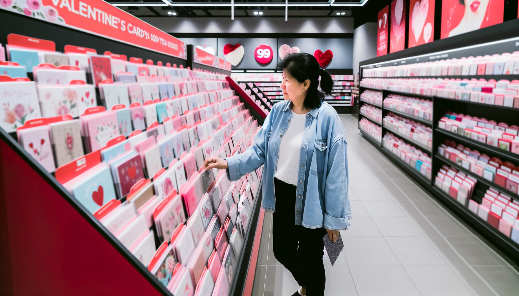 A woman browsing through a selection of Valentine's Day cards for her husband