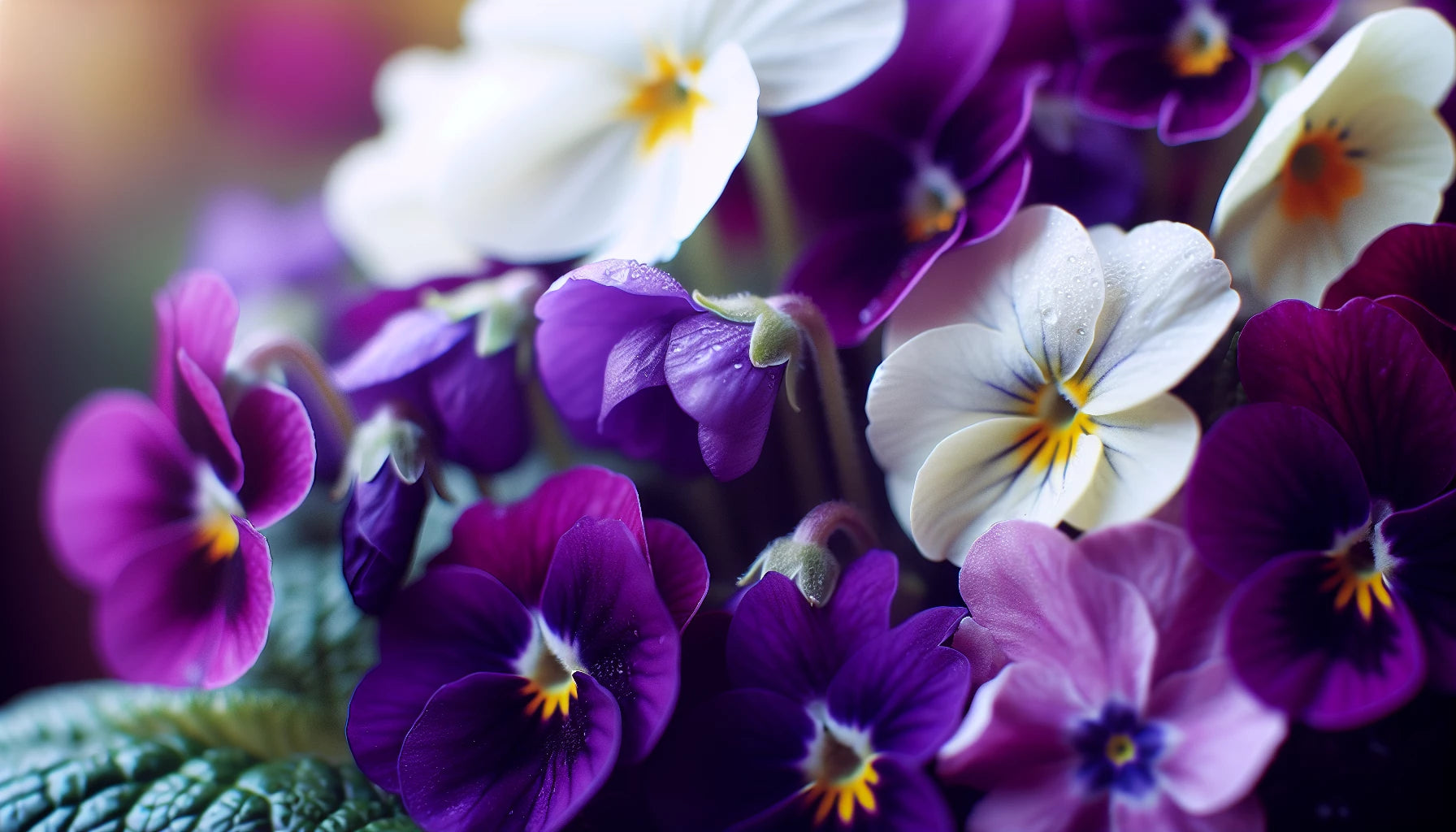 Assortment of violets and primroses in different hues