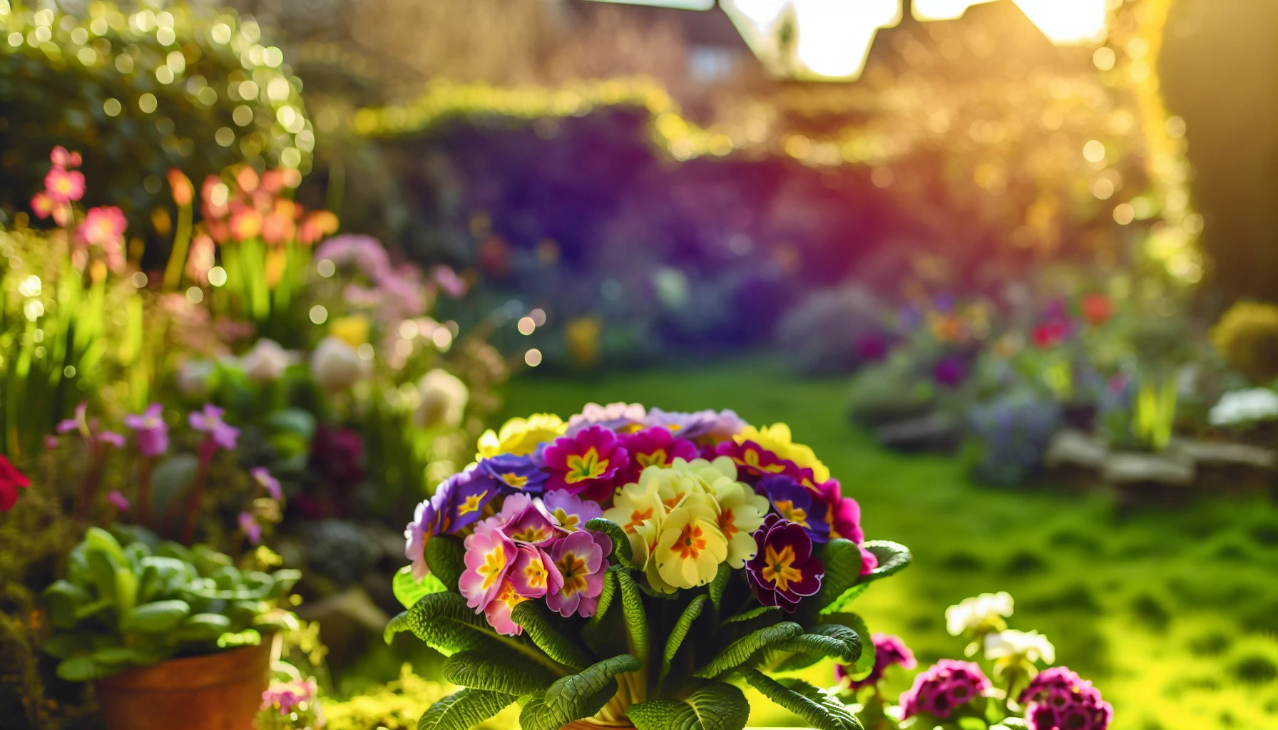 Bouquet of primroses in a garden setting