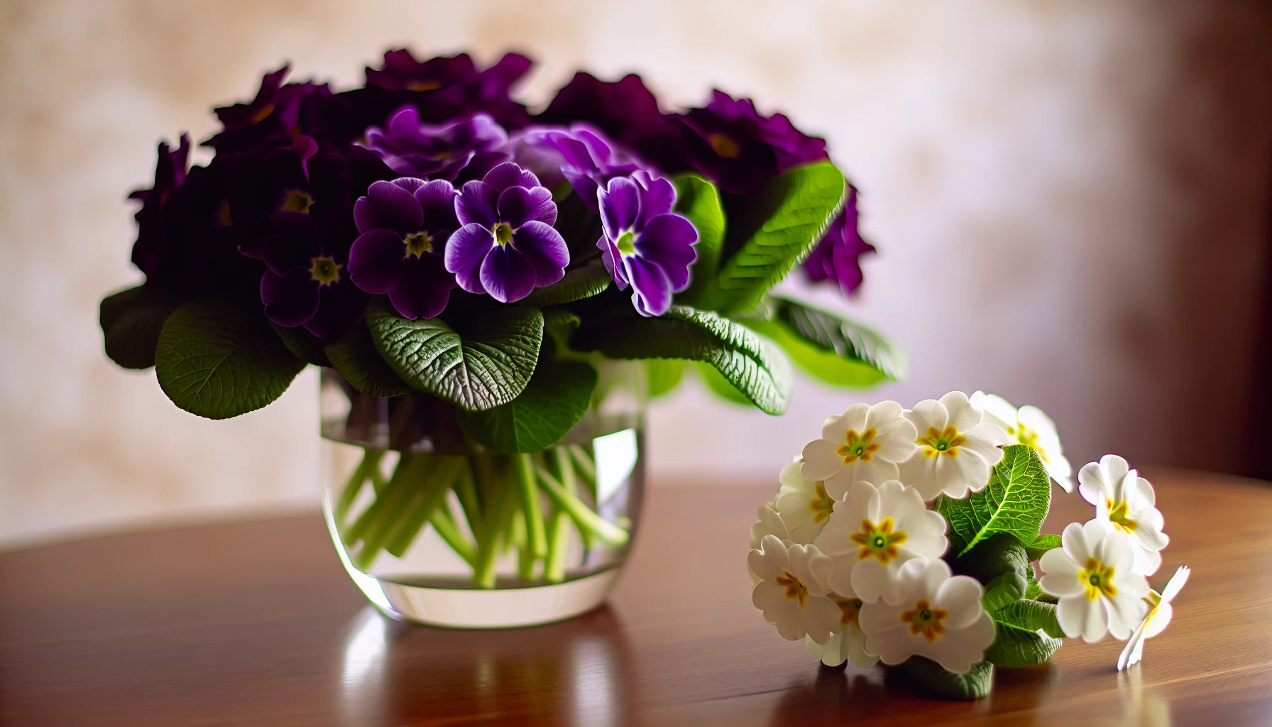 Floral arrangement featuring violets and primroses