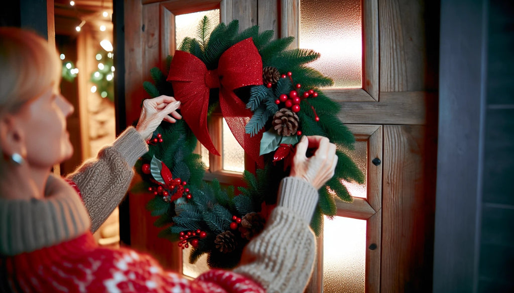 Hanging a festive wreath on a front door