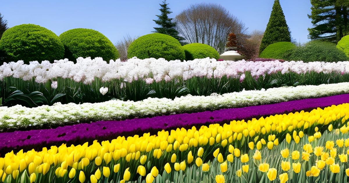 Un jardín con flores de principios de primavera a pleno sol.