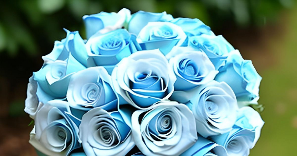 Round bouquet of blooming blue roses.